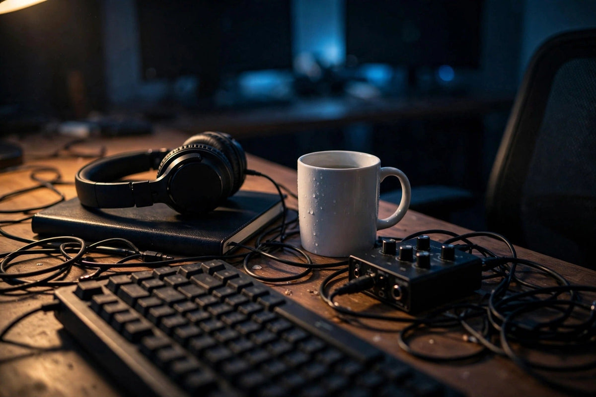 A dim creator workspace at night: dual monitors showing an unfinished video timeline, a cold mug of coffee, headphones on the desk, and a wall clock past midnight