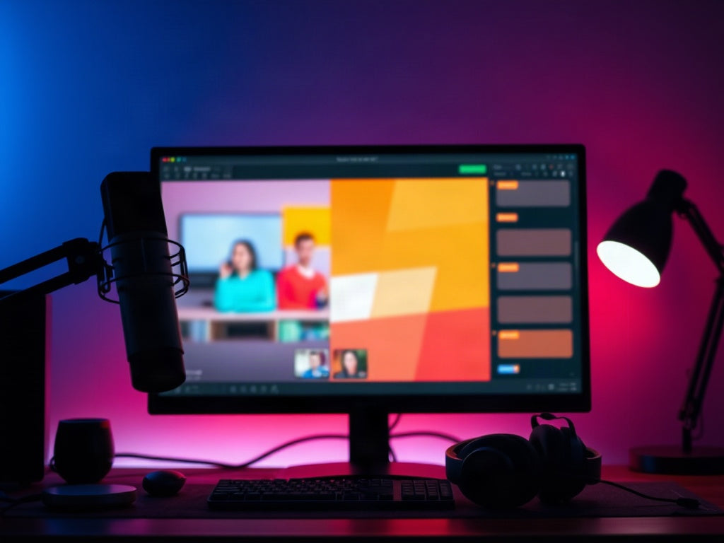 A streamer's desk at 2am with a blurred dashboard, stacked chat column and boom mic
