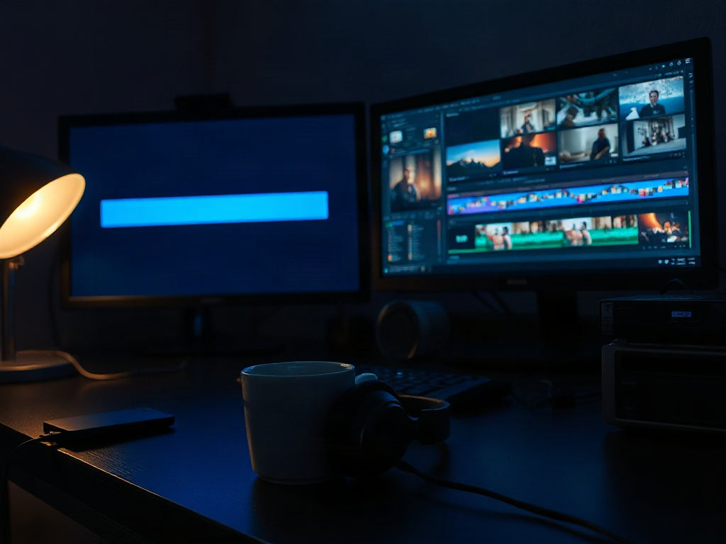 PixelPunch creator desk at night with a render progress bar near completion